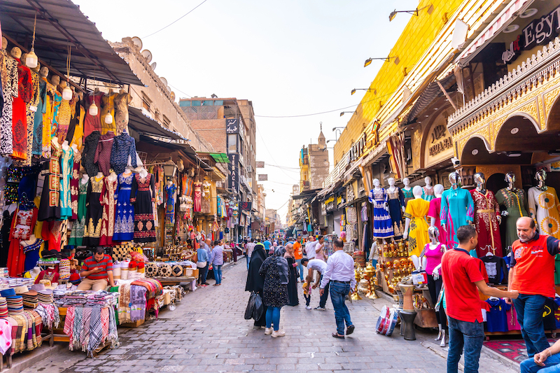 Cairo, Egypt; Streets and local shops in Khan el-Khalili bazaar in Cairo