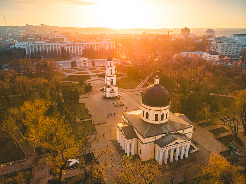 Chisinau, the capital city of the Republic of Moldova. Aerial view of Chisinau metropolitan central park, 2020